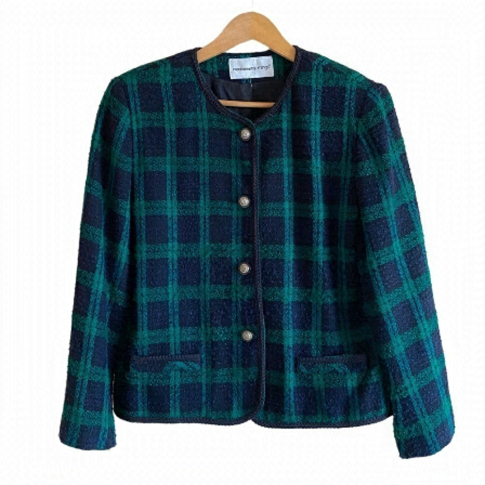 𝅺Vintage Cropped Boucle Blazer Plaid